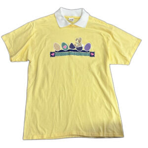 Vintage 90s NWOT Anvil Yellow White Johnny Collar SS Easter Egg Bunny Top XL